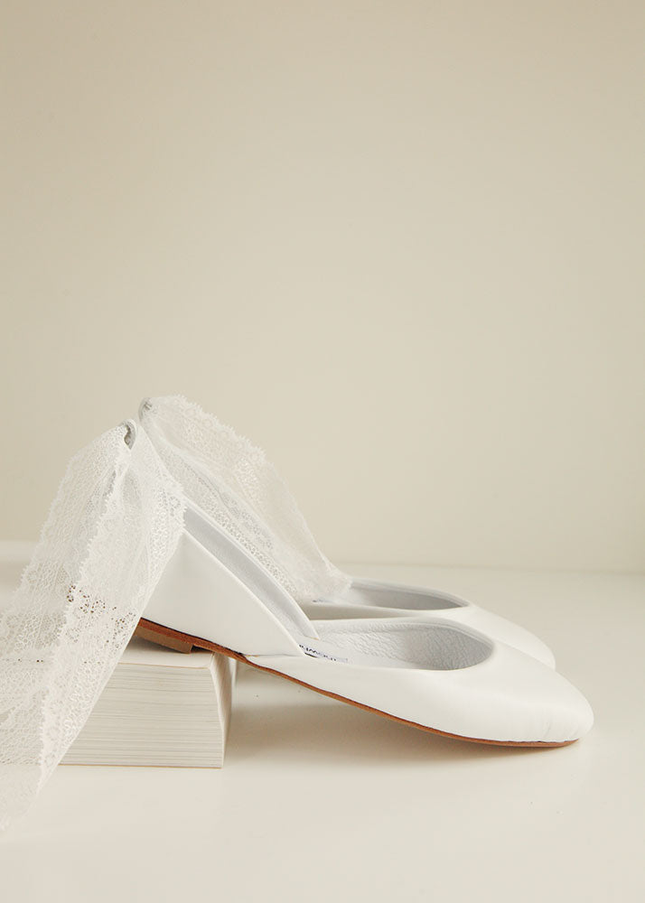 Bridal ballet flats with lace up ribbons