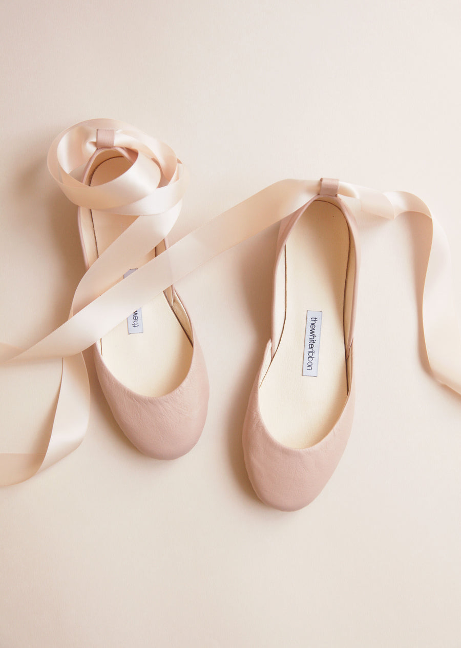 nude shade smooth leather ballerinas with matching satin ribbon from top