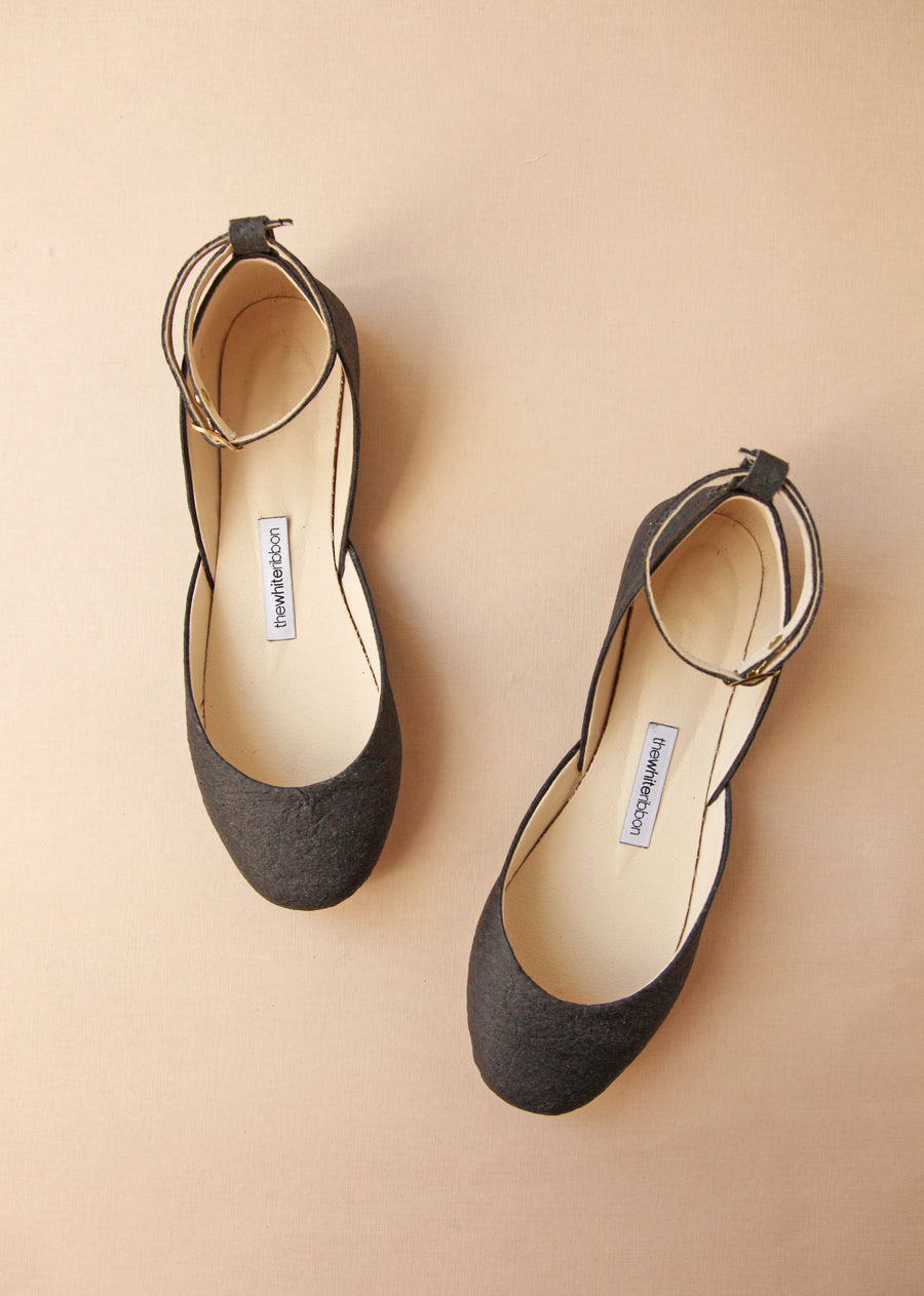 vegan leather ballet flats in black  with straps from top shot