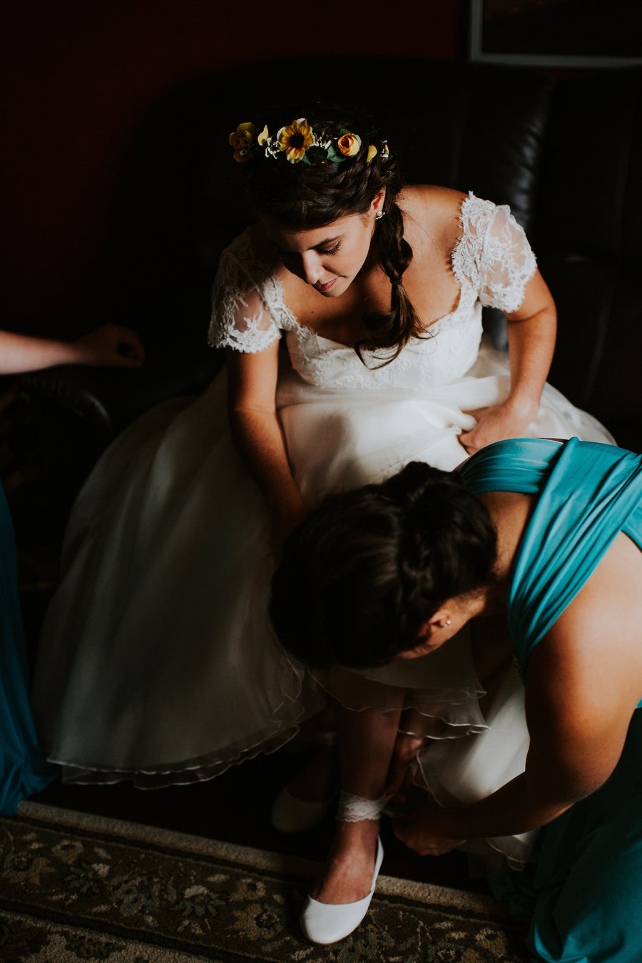 Bride trying on her wedding shoes